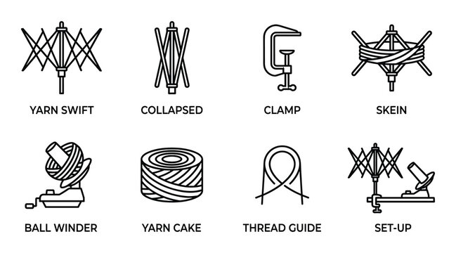 Yarn swift winder tools icons. Collapsed clamp skein ball winder yarn cake thread