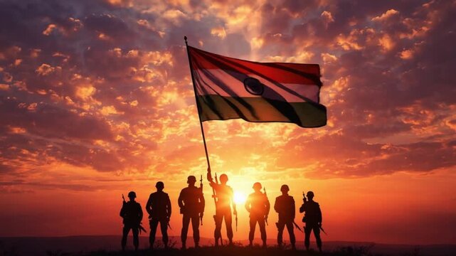 Indian Soldiers Marching with Flag at Sunset &ndash; Commonwealth Day Unity Tribute