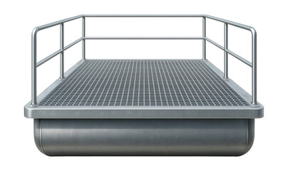 Metal pontoon featuring a grated walkway and safety railings.