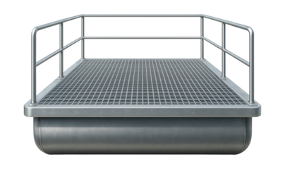 Metal pontoon featuring a grated walkway and safety railings.