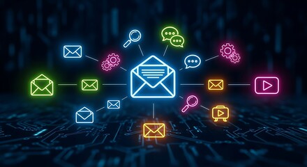 Email marketing concept with neon icons on dark background.