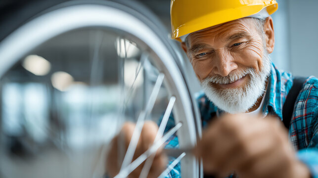 An elderly man joyfully repairs a bicycle wheel, showcasing craftsmanship and dedication in a workshop environment.