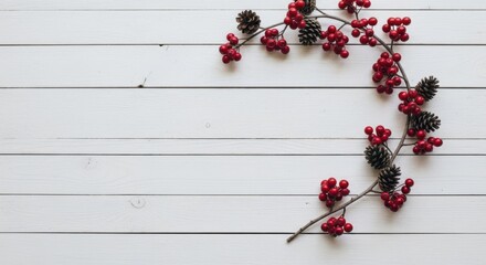Red berries and pinecones festive winter decor design.