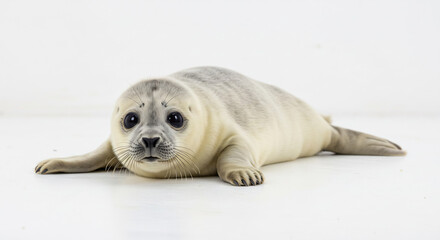Cute young seal pup captured in a clean high key studio portrait with gentle bright illumination. AI Generated