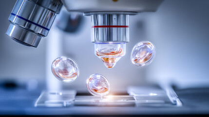 Close-up view of a microscope with droplets, showcasing precision in scientific research and innovation in laboratory settings.