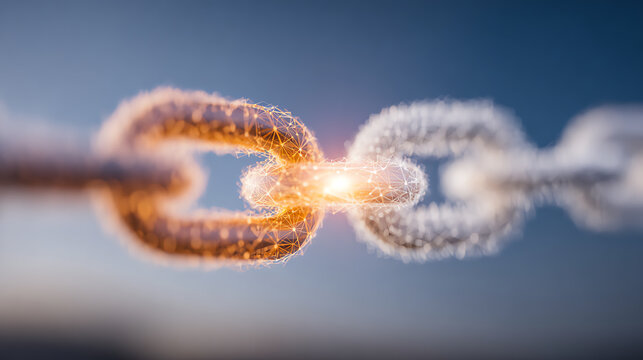 Close-up view of interconnected chains symbolizing strength, unity, and technological advancement in a digital world.