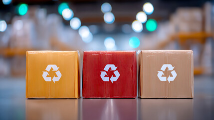 Colorful recyclable boxes neatly arranged in a warehouse setting, promoting sustainability and eco-friendly practices.