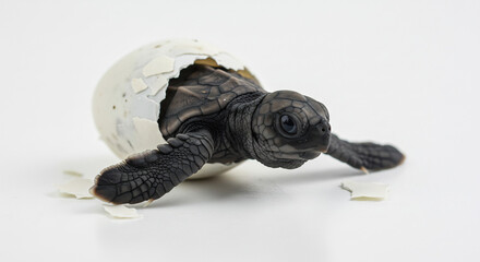 Small baby turtle pushing out of its broken egg shell on a pristine white surface brightly lit studio shot. AI Generated