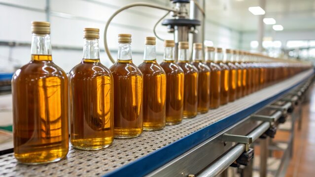 Bottles of amber liquid on an industrial production line - Powered by Adobe