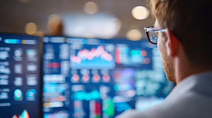Focused professional analyzing data on multiple screens, showcasing modern business technology and analytics in action.