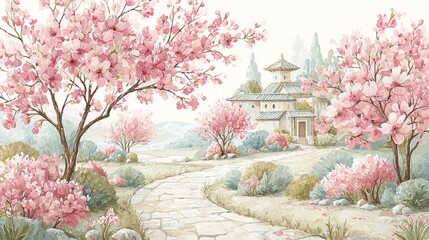 Obraz premium A serene landscape featuring blooming cherry trees and a quaint building, evoking tranquility and natural beauty.