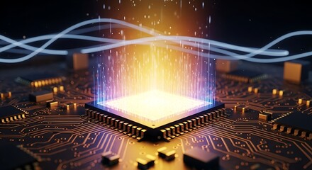 Futuristic Microchip with Glowing Light and Data Streams.