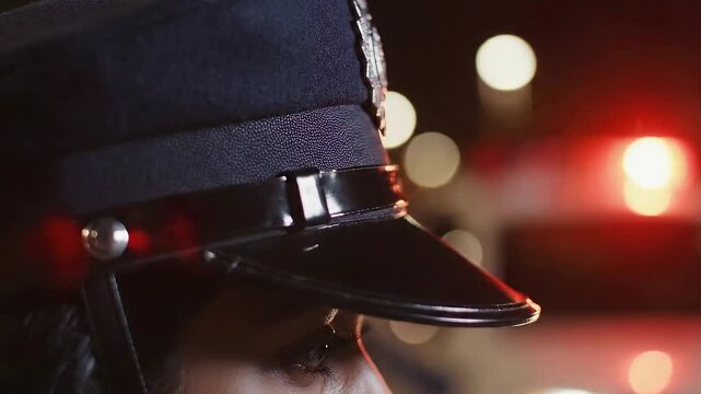 Closeup of Police Officer on Night Patrol Duty Flashing Siren Lights Bokeh