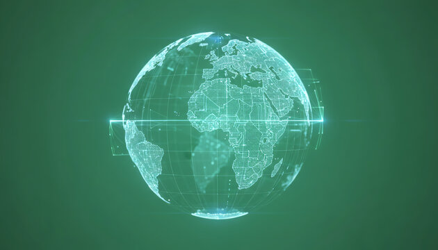 Futuristic holographic globe representation showcasing detailed continents and data visualizations.