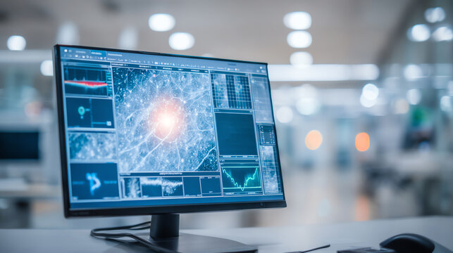 High-tech computer monitor displaying data analytics and digital graphs in a modern workspace environment.