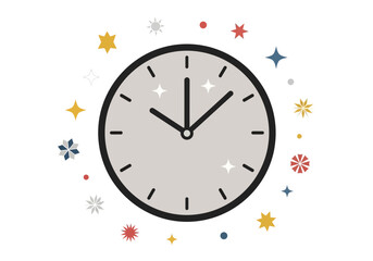 Clock Icon with Festive Stars and Sparkles, Symbolizing Time, Celebration, and Events