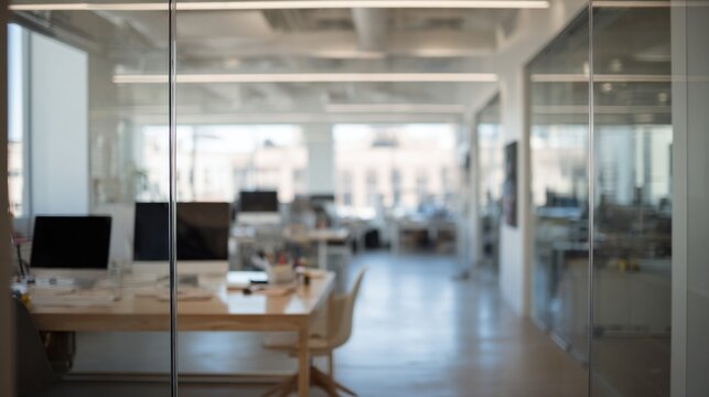 A modern office space with glass walls, featuring desks, computers, and a bright atmosphere, designed for collaboration and productivity.