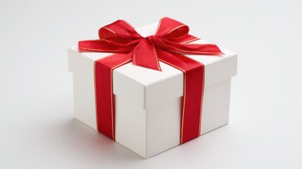 Obraz premium A beautifully wrapped white gift box with a red ribbon, perfect for special occasions and celebrations.
