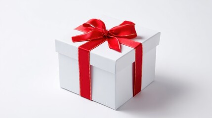 Fototapeta premium A beautifully wrapped white gift box with a red ribbon, perfect for celebrations and special occasions.