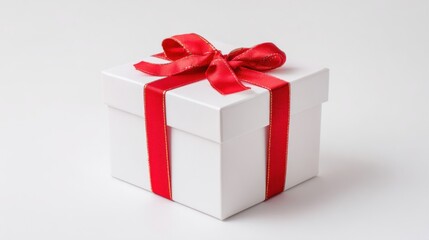 Obraz premium A beautifully wrapped white gift box with a red ribbon, symbolizing celebration and surprise.