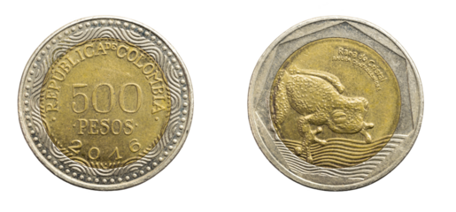 Colombia five hundred pesos coin on a white isolated background