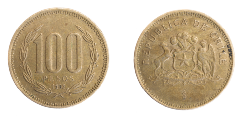 Chile one hundred pesos coin on a white isolated background