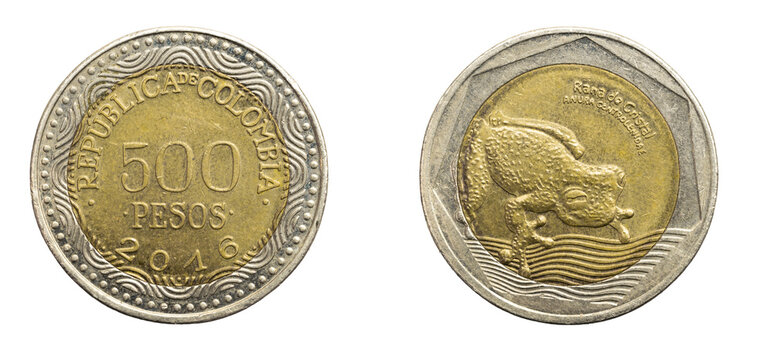 Colombia five hundred pesos coin on a white isolated background