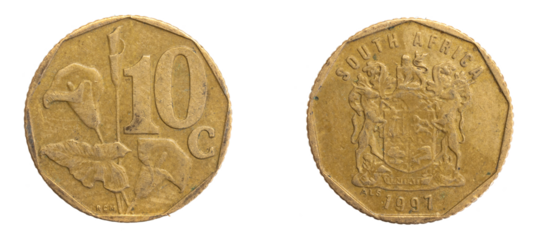 south africa ten cents coin on white isolated background