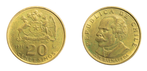 Chile twenty centesimos coin on a white isolated background