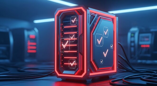 Futuristic Server Rack with Glowing Neon Accents and Checkmarks.