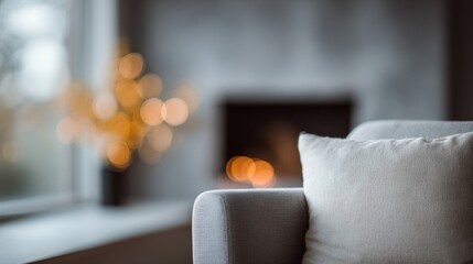 A cozy living space featuring a soft sofa and warm bokeh lights in the background, creating a serene atmosphere.