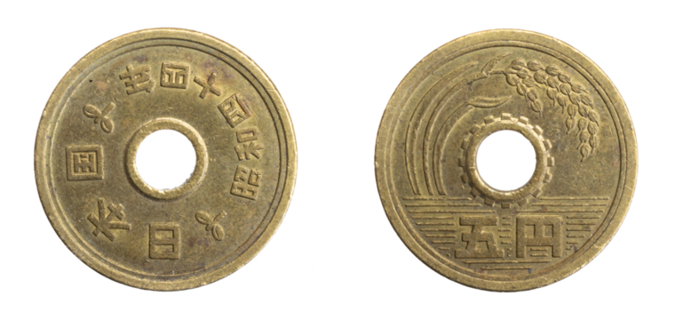 Japan five yen coin on white isolated background