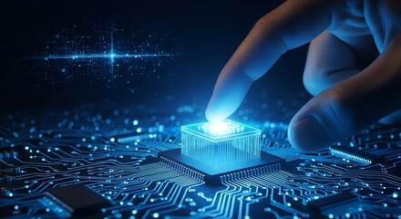 Futuristic Technology - Finger Touching Glowing Microchip on Circuit Board.