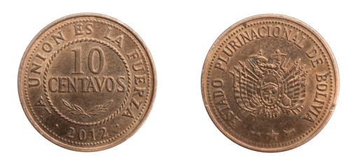 Bolivia ten centavos coin on white isolated background