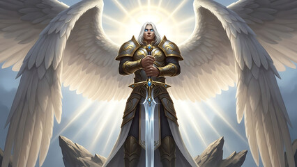 A majestic angelic warrior in golden armor with large white wings holding a glowing sword, bathed in divine light.