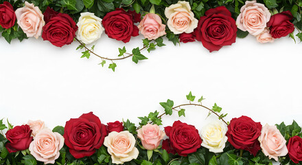 Vivid red pink white roses and lush green ivy artfully frame a bright clean white space perfect for copy. AI Generated