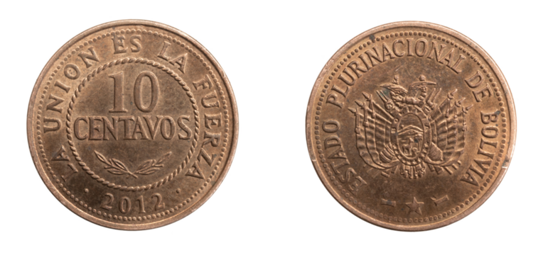 Bolivia ten centavos coin on white isolated background