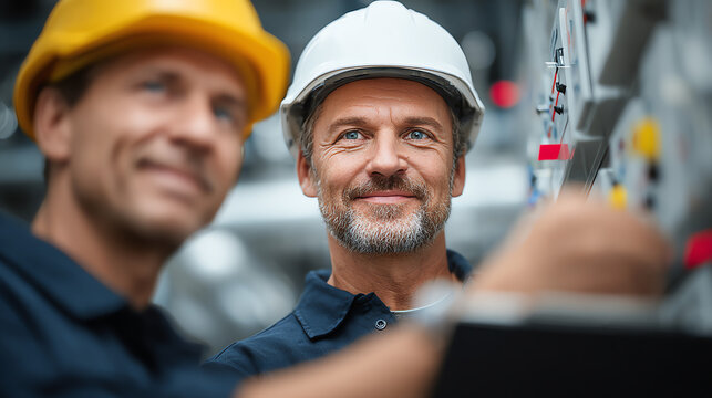 Two skilled workers collaborating on industrial machinery, showcasing teamwork and expertise in a dynamic work environment.