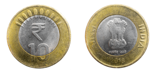 India ten rupees coin on a white isolated background