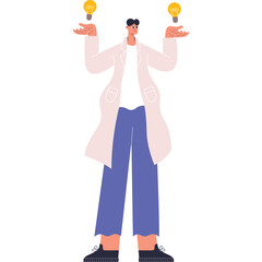 Male scientist wearing a white lab coat and blue pants holds lit lightbulbs in each hand against a transparent background symbolizing ideas and innovation