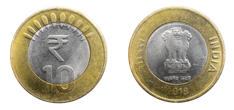 India ten rupees coin on a white isolated background