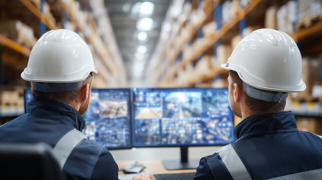 Two workers monitor warehouse operations on screens, showcasing teamwork and technology in a modern industrial setting.