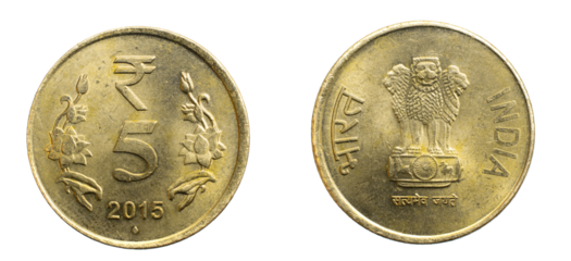India five rupees coin on a white isolated background