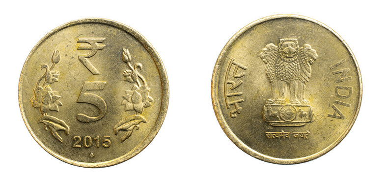 India five rupees coin on a white isolated background