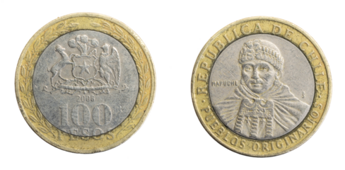 Chile one hundred pesos coin on a white isolated background