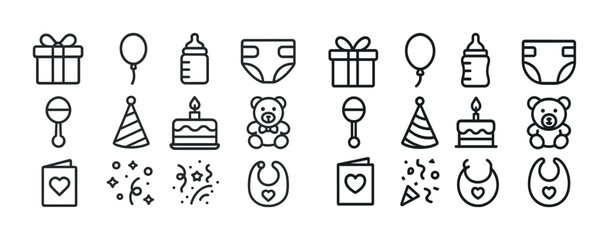 Naklejka premium Baby shower icons: gifts, balloons, bottles, diapers, cake, teddy bears, rattles, party hats