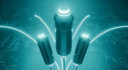 Futuristic Water Bottles with Glowing Accents and Abstract Background.