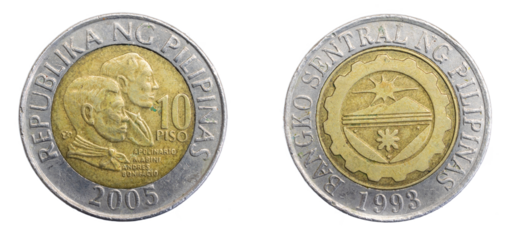 Philippines ten piso coin on white isolated background