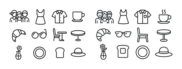 Naklejka premium Simple line icons of clothing, food, and coffee for graphic design