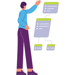 Man Interacting with Flowchart on Transparent Background Demonstrating Process Organization and Data Management